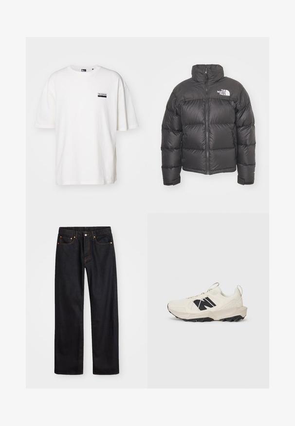 Chaqueta de plumas negra con cuello alto, cierre de cremallera y logotipo. Presenta secciones acolchadas y puños elásticos para mayor calidez.; Camiseta de algodón blanca con un corte relajado, cuello redondo y mangas cortas. Cuenta con una pequeña etiqueta negra en el lado izquierdo del pecho.; Jeans de mezclilla negros de pierna recta para hombre, con cinco bolsillos y costuras en color naranja, cierre de botón y cremallera en la parte delantera de la cintura.; Zapatilla de color beige claro con parte superior de malla, logotipo negro y suela texturizada. Acentuada con un patrón geométrico en la entresuela.