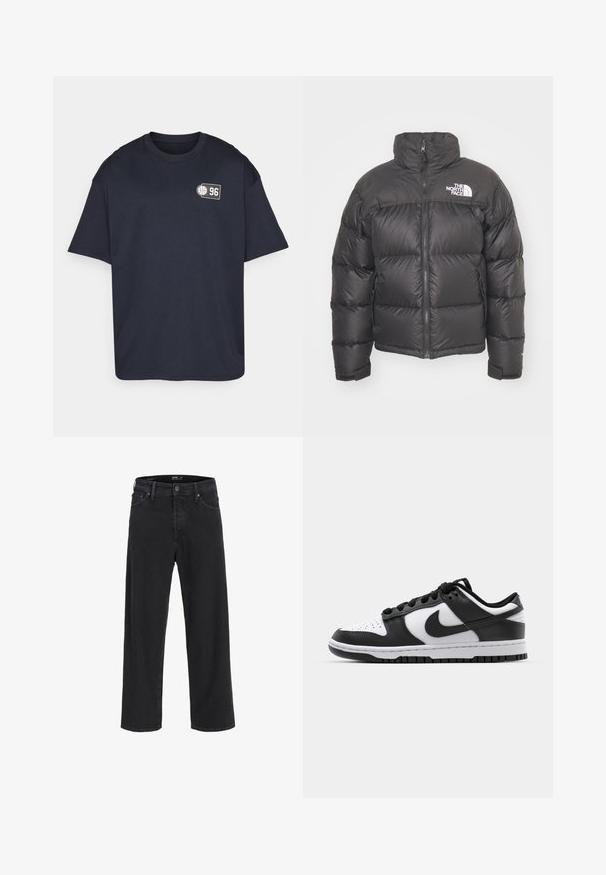 Svart puffjacka med hög krage, dragkedja och logotyp. Har kviltade sektioner och elastiska ärmslut för extra värme.; Mörkblå bomullströja med korta ärmar, rund hals och en liten grafisk tryck som visar siffran 96 och en basketikon.; Svarta raka denimjeans med knäppning och dragkedja, bältesöglor samt fram- och bakfickor.; Svarta och vita Nike Dunk sneakers med läderöverdel, perforerad tå, svarta snören och en svart gummisula med mönster.