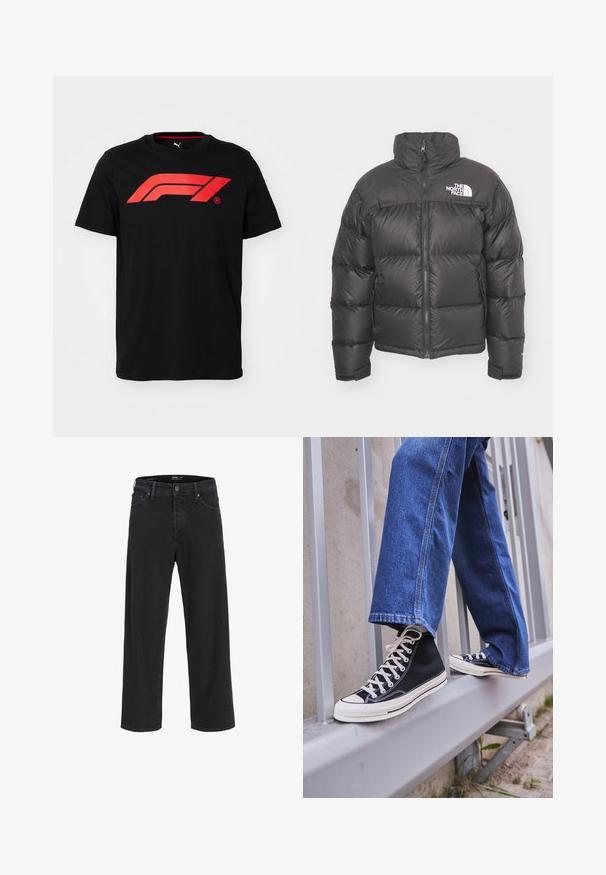 Melnā pūkainā jaka ar augstu apkakli, ar rāvējslēdzēju un logotipu. Iezīmējas ar izšūtiem fragmentiem un elastīgām piedurknēm papildu siltumam.; Melna kokvilnas T-krekls ar lielu sarkanu Formula 1 logo priekšpusē. Apaļa kakla izgriezuma un īsām piedurknēm, gluda tekstūra.; Melna klasisko taisno kāju džinsu bikses ar pogu un rāvējslēdzēju, jostas cilpas, kā arī priekšējām un aizmugurējām kabatām.; Melnas augstas kedas ar baltu zoli un auklām, apvienotas ar brīvām zilām džinsām, atpūšoties uz pelēka margotā balsta.