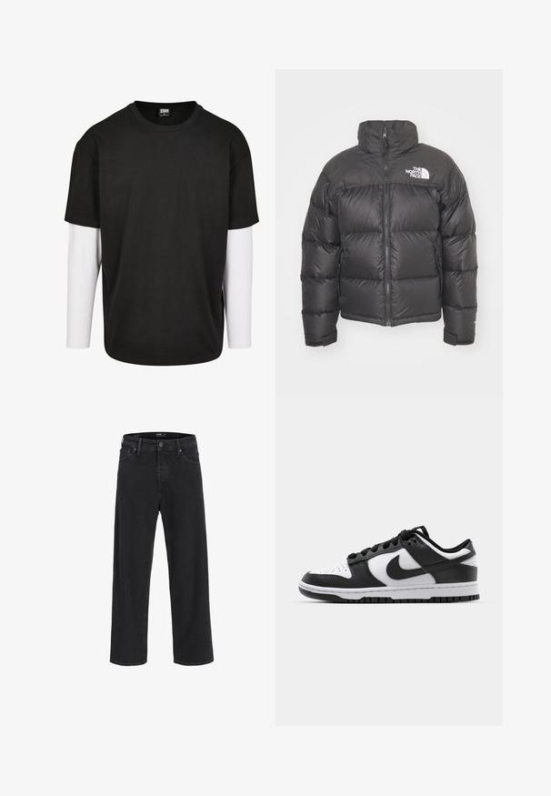 Zwarte pufferjack met hoge kraag, ritssluiting en logo. Bevat gequiltte secties en elastische manchetten voor extra warmte.; Zwarte T-shirt met korte mouwen en een witte laag met lange mouwen eronder. Gemaakt van katoen met een ronde hals en een relaxte pasvorm.; Zwarte recht gesneden denim jeans met knoop- en ritssluiting, riemlussen en voor- en achterzakken.; Zwart-witte Nike Dunk sneakers met een leren bovenwerk, geperforeerde neus, zwarte veters en een zwarte rubberen zool met profiel.
