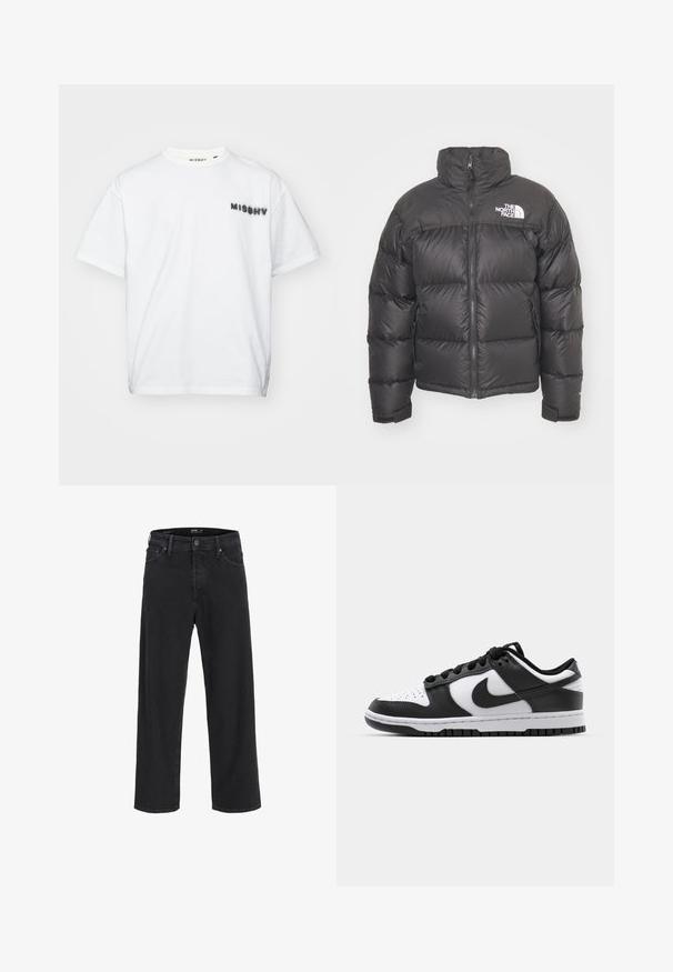 Schwarze Pufferjacke mit hohem Kragen, Reißverschluss und Logo. Verfügt über gesteppten Elemente und elastische Bündchen für zusätzlichen Wärme.; MISBHV COMMUNITY - T-Shirt print - white; Schwarze gerade geschnittene Jeans aus Denim mit Knopf- und Reißverschluss, Gürtelschlaufen sowie Vorder- und Gesäßtaschen.; Schwarze und weiße Nike Dunk Sneakers mit einem Obermaterial aus Leder, perforierter Zehenpartie, schwarzen Schnürsenkeln und einer schwarzen Gummisohle mit Profildesign.