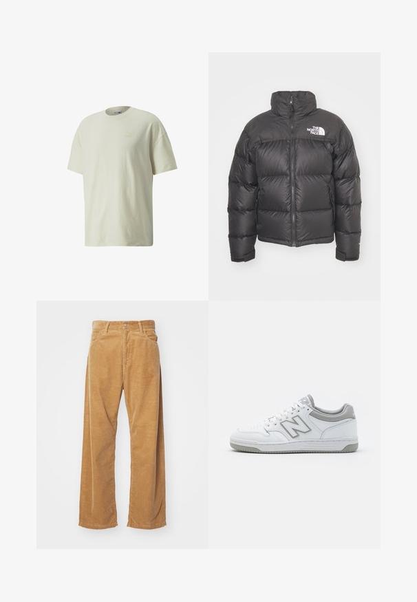 Schwarze Pufferjacke mit hohem Kragen, Reißverschluss und Logo. Verfügt über gesteppten Elemente und elastische Bündchen für zusätzlichen Wärme.; Cremfarbendes Baumwoll-T-Shirt mit klassischem Rundhalsausschnitt, kurzen Ärmeln und einem dezenten Puma-Logo in hellerer Farbe auf der Brust.; Corduroy-Hosen mit weitem Bein in einer beige Farbe. Mit strukturierten, vertikalen Rillen, einem Standardbund und zwei vorderen Taschen ausgestattet.; Weiße Ledersneakers mit grauen Akzenten, ausgestattet mit einem perforierten Zehenbereich, flachen Schnürsenkeln und einer gemusterten Sohle. New Balance-Logo an der Seite.