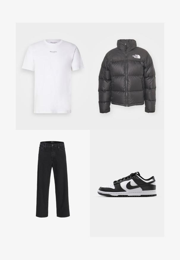 Črni napihnjen plašček z visokim ovratnikom, zadrgo in logotipom. Ima prešite dele in elastične manšete za dodatno toploto.; Bela kratka majica s kratkimi rokavi iz bombaža s klasičnim ovratnikom. Na prsih se nahaja črni logotip "Marc O'Polo". Gladka tekstura, minimalističen dizajn.; Črne kavbojke ravnega kroja z gumbom in zadrgo, z zankami za pas ter sprednjimi in zadnjimi žepi.; Črno-bele Nike Dunk teniske z usnjenim zgornjim delom, perforiranim prstom, črnimi vezalkami in črnim gumijastim podplatom s profilom.