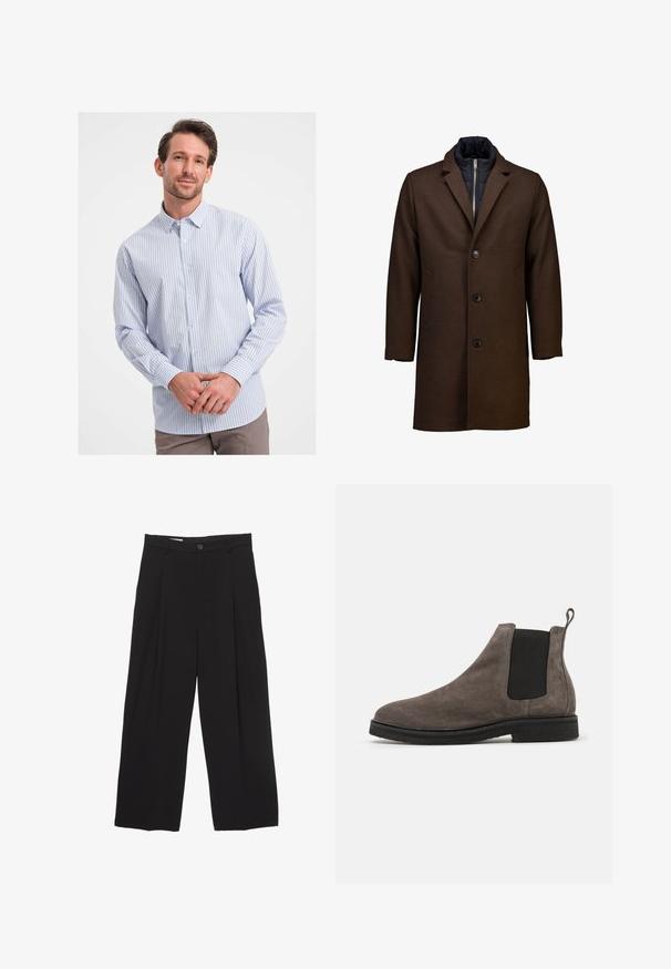 Cappotto marrone in lana con rever a punta, quattro bottoni neri, due tasche laterali e fodera interna trapuntata blu navy. Design di lunghezza media.; Camicia a righe blu e bianche in tessuto di cotone. Presenta un colletto a punta e maniche lunghe con polsini a bottone. Texture morbida.; Pantaloni neri a gamba larga realizzati in tessuto morbido, con vita piatta, pinces frontali e chiusura con un bottone.; Stivale Chelsea grigio in suede con pannelli laterali elasticizzati, punta arrotondata e linguetta. Suola piatta in gomma nera. Design semplice ed elegante.