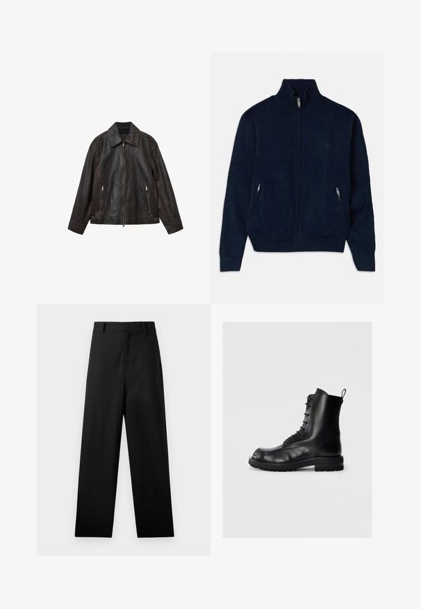 Brun läderjacka med en slank design, stor krage, dragkedja fram och två dragkedjefickor. Slät yta och skräddarsydd passform.; Marineblå zip-up tröja med hög krage, två sidofickor med dragkedja och en slät textur. Har en subtil logotyp på bröstet.; Svart långärmad T-shirt i bomull med rundad halsringning och en enkel design utan synliga mönster eller dekorationer.; Svart byxor i bomull med rak bendesign, med en framknäppning och fickor på sidan. Slät textur, inga mönster.; Svart läder snörkänga med tjock sula och dragflik på en enfärgad ljus bakgrund, sidovy som visar vänster känga.