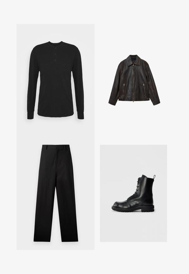 Brun läderjacka med en slank design, stor krage, dragkedja fram och två dragkedjefickor. Slät yta och skräddarsydd passform.; Marineblå zip-up tröja med hög krage, två sidofickor med dragkedja och en slät textur. Har en subtil logotyp på bröstet.; Svart långärmad tröja med rund halsringning, tre knappar i knäppningen och åtsittande manschetter. Tillverkad av en mjuk tyg med en slät yta.; Svart byxor i bomull med rak bendesign, med en framknäppning och fickor på sidan. Slät textur, inga mönster.; Svart läder snörkänga med tjock sula och dragflik på en enfärgad ljus bakgrund, sidovy som visar vänster känga.