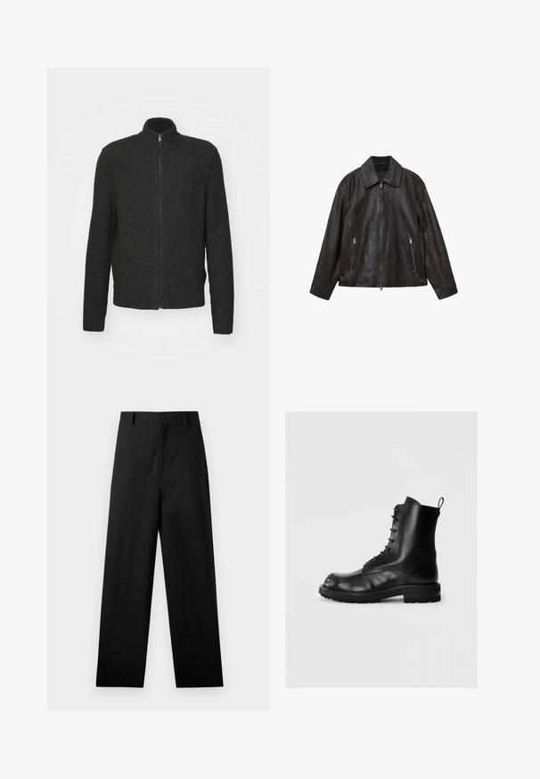 Braune Lederjacke mit sleekem Design, großem Kragen, Frontreißverschluss und zwei Reißverschlusstaschen. Glatte Textur und taillierte Passform.; Dunkelgrauer gestrickter Pullover mit Reißverschluss, hohem Kragen, langen Ärmeln sowie gerippten Bündchen und Saum. Strukturierter, mittelstarker Stoff.; Schwarzes Langarm-T-Shirt aus Baumwolle mit Rundhalsausschnitt und einem schlichten Design ohne sichtbare Muster oder Verzierungen.; Schwarze Baumwollhosen mit geradem Bein, ausgestattet mit einem vorderen Knopfverschluss und Seiten Taschen. Glatte Textur, keine Muster.; Schwarzer Leder-Schnürstiefel mit dicker Sohle und Zugschlaufe auf einem schlichten hellen Hintergrund, Seitenansicht, die den linken Stiefel zeigt.