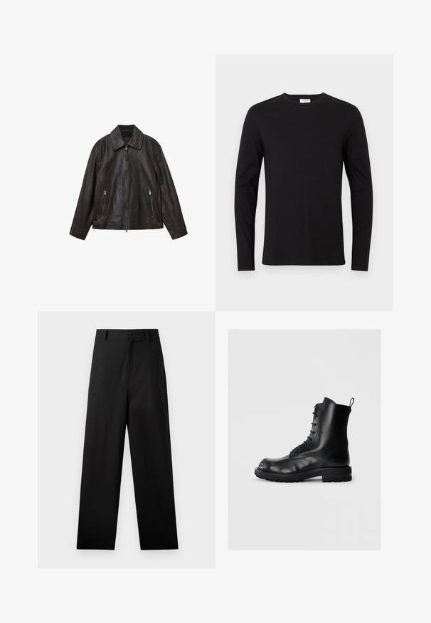 Giacca in pelle marrone con un design elegante, ampio colletto, chiusura frontale con zip e due tasche con zip. Texture liscia e vestibilità su misura.; Maglietta nera a maniche lunghe in cotone, con scollatura a girocollo e un design semplice senza motivi visibili o decorazioni.; Pantaloni neri in cotone con design a gamba dritta, dotati di chiusura frontale con bottone e tasche laterali. Texture liscia, senza motivi.; Stivale in pelle nera con lacci, suola spessa e linguetta di trazione su uno sfondo chiaro, vista laterale che mostra lo stivale sinistro.