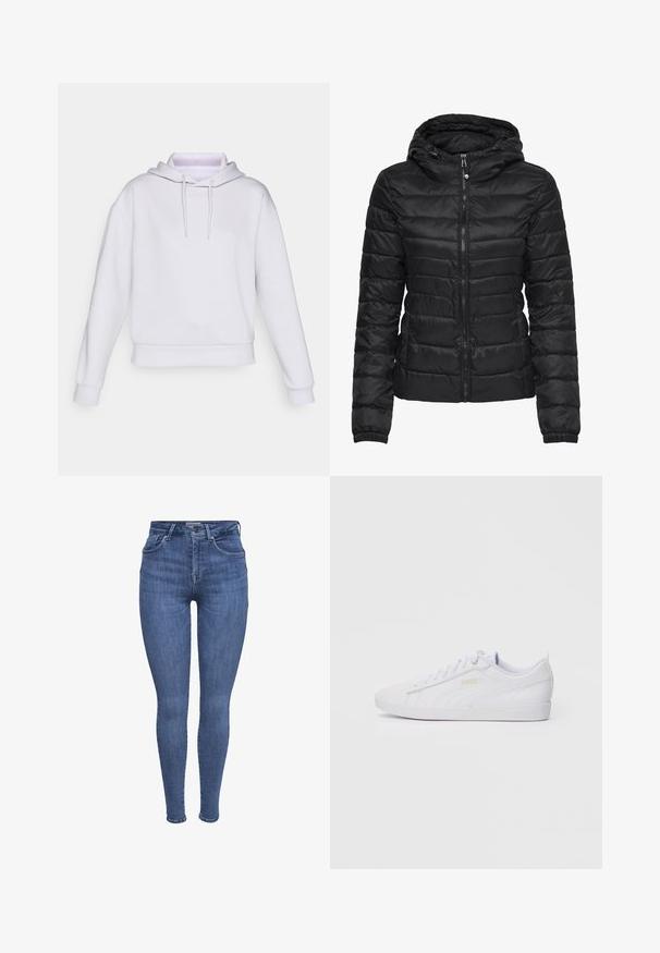 Zwarte pufferjack met een capuchon, met een gestikt ontwerp en ritssluiting. Zacht, glanzend stof met elastische manchetten. Warm en licht van gewicht.; Witte oversized hoodie met lange mouwen, een trekkoordcapuchon en een geribde tailleband. Gemaakt van zachte, soepele stof zonder patronen of accenten.; Blauwe high-waist skinny jeans met voorzakken, knoop, ritssluiting en lussen voor een riem, weergegeven op een witte achtergrond.; Witte lage Puma sneakers met gevlochten veters, subtiele branding aan de zijkant en onderzijde, en een gladde synthetische bovenkant voor casual gebruik.