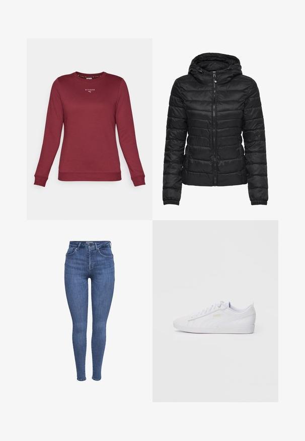 Jachetă puffer neagră cu glugă, cu un design matlasat și închidere cu fermoar. Material moale și lucios, cu manșete elastice. Călduroasă și ușoară.; Sweatshirt burdundy cu mânecă lungă, fabricat dintr-un material moale, având un guler rotund și un logo brodat pe piept. Mânșete și tiv cu nervuri.; Jeans skinny cu talie înaltă, de culoare albastră, cu buzunare frontale, închidere cu nasture și fermoar, și curea, expuși pe un fundal alb.; Adidași Puma albi, cu vârf jos, cu șireturi în față, branding subtil pe lateral și pe talpă, și un material sintetic neted, ideali pentru purtarea de zi cu zi.