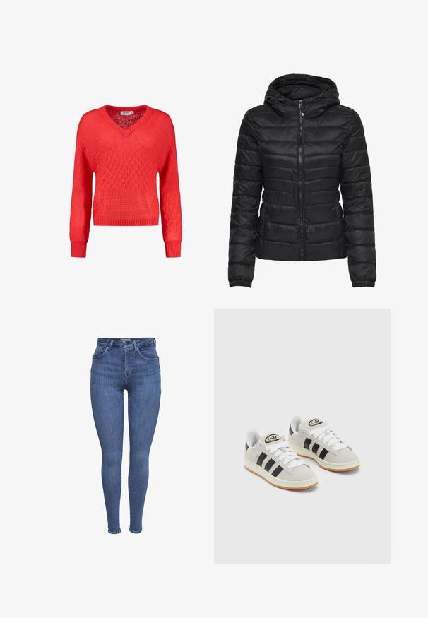Fekete puffertakó kapucnival, steppelt mintával és cipzáras záródással. Puha, fényes anyag, elasztikus mandzsettákkal. Meleg és könnyű.; Piros kötött pulóver V-nyakkal, hosszú ujjakkal, texturált mintákkal, bordás mandzsettákkal és aljjal. Könnyű és laza dizájn.; Fekete, rövidített felsők puha, ruganyos anyagból vékony pántokkal és keresztbe fonott kivágással. Lekerekített nyakkivágással és varrás nélküli kidolgozással rendelkezik.; Kék, magas derékú skinny farmernadrág elülső zsebekkel, gombos, cipzáras záródással és övhurkokkal, fehér háttér előtt.; Szürke velúr sportcipők fehér fűzővel, fekete csíkokkal és fehér gumitalppal. A nyelvén kör alakú logó található, illetve a talpa színes gumi.