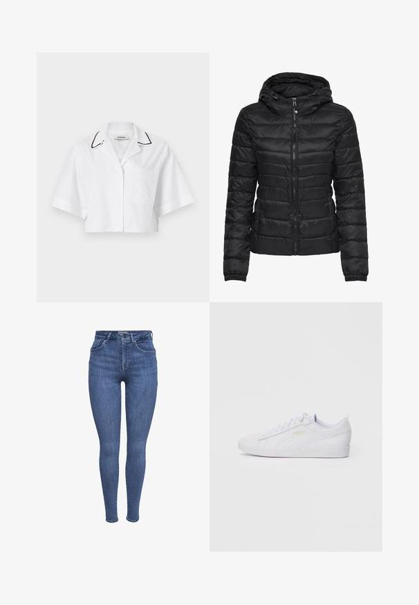 Schwarze Daunenjacke mit Kapuze, ausgestattet mit einem gesteppten Design und einem Reißverschluss. Weicher, glänzender Stoff mit elastischen Bündchen. Warm und leicht.; Weißes, verkürztes Hemd mit kurzen Ärmeln, Knopfverschluss, Brusttasche und schwarzem Paspel entlang des Kragens. Hergestellt aus leichtem, atmungsaktivem Stoff.; Blaue hochgeschnittene Skinny-Jeans mit frontalen Taschen, Knopf, Reißverschluss und Gürtelschlaufen, auf einem weißen Hintergrund präsentiert.; Weiße low-top Puma Sneaker mit Schnürung, dezentem Branding an der Seite und Sohle sowie glattem synthetischen Obermaterial für den lässigen Gebrauch.