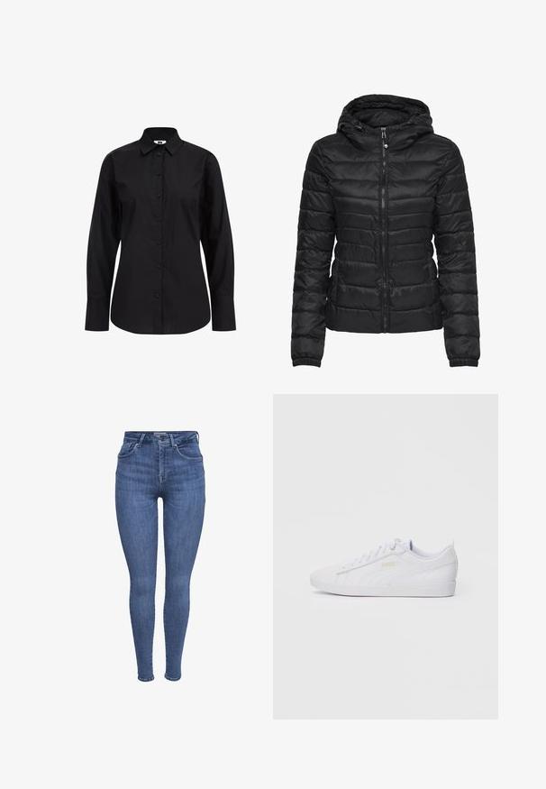 Fekete puffertakó kapucnival, steppelt mintával és cipzáras záródással. Puha, fényes anyag, elasztikus mandzsettákkal. Meleg és könnyű.; Fekete, hosszú ujjú gombos ing, sima anyagból, klasszikus gallérral, elülső gombokkal és testhezálló szabással.; Fekete, rövidített felsők puha, ruganyos anyagból vékony pántokkal és keresztbe fonott kivágással. Lekerekített nyakkivágással és varrás nélküli kidolgozással rendelkezik.; Kék, magas derékú skinny farmernadrág elülső zsebekkel, gombos, cipzáras záródással és övhurkokkal, fehér háttér előtt.; Fehér, alacsony szárú Puma sneaker, fűzős elülső résszel, diszkrét logóval az oldalon és a talpon, sima szintetikus felsőrésszel, amely laza viselethez készült.