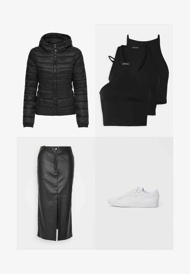 Fekete puffertakó kapucnival, steppelt mintával és cipzáras záródással. Puha, fényes anyag, elasztikus mandzsettákkal. Meleg és könnyű.; Fekete, rövidített felsők puha, ruganyos anyagból vékony pántokkal és keresztbe fonott kivágással. Lekerekített nyakkivágással és varrás nélküli kidolgozással rendelkezik.; Fekete bőr midi szoknya elülső hasítékkal, övrögzítőkkel és egyetlen gombos zárással. Simas texture, egyenes fazon, szabott illeszkedéssel.; Fehér, alacsony szárú Puma sneaker, fűzős elülső résszel, diszkrét logóval az oldalon és a talpon, sima szintetikus felsőrésszel, amely laza viselethez készült.