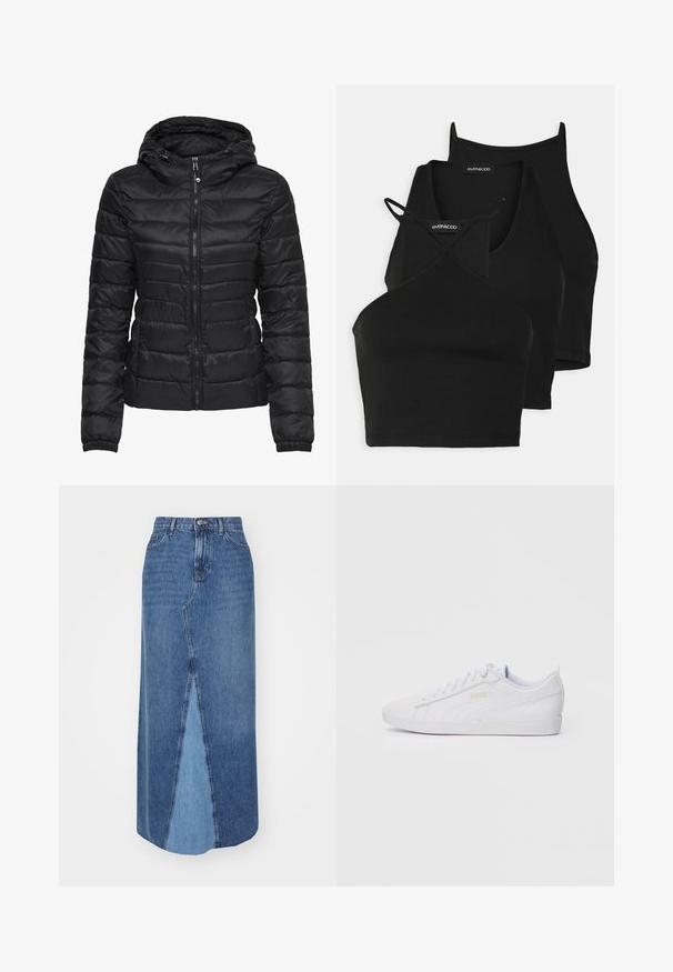 Černá péřová bunda s kapucí, s prošívaným vzorem a zapínáním na zip. Měkká, lesklá tkanina s elastickými manžetami. Teplá a lehká.; Černé zkrácené topy z měkkého, pružného materiálu s tenkými ramínky a křížovým designem. Mají zaoblený výstřih a bezproblémové zakončení.; Džínová maxi sukně s vysokým pasem, předním rozparkem a barevným blokem v tmavších a světlejších odstínech modré.; Bílé nízké tenisky Puma s šněrováním vpředu, jemným logem na boku a podrážce a hladkým syntetickým svrškem pro volnočasové nošení.