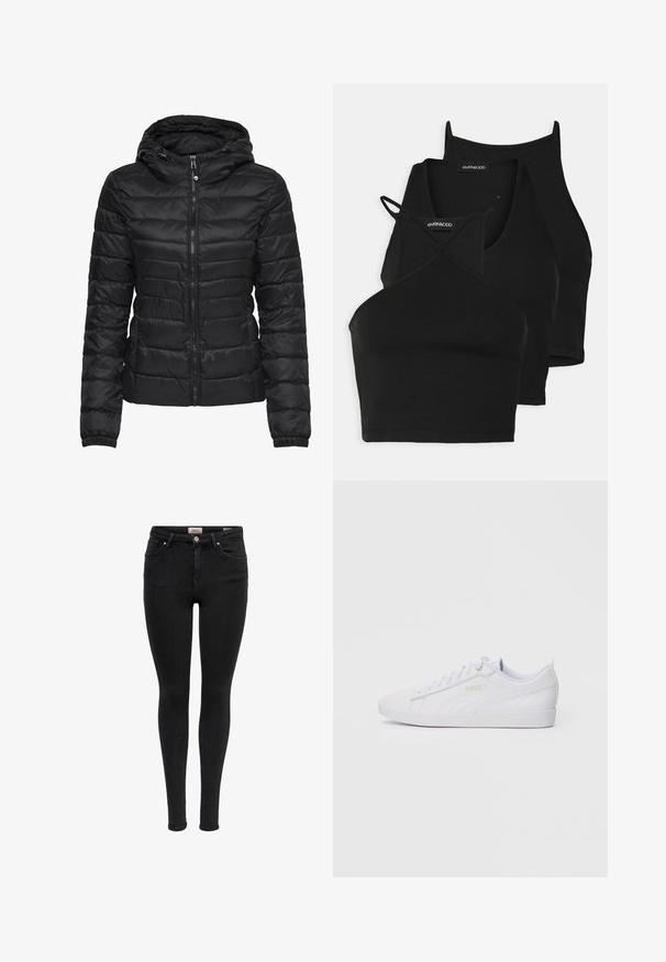 Schwarze Daunenjacke mit Kapuze, ausgestattet mit einem gesteppten Design und einem Reißverschluss. Weicher, glänzender Stoff mit elastischen Bündchen. Warm und leicht.; Schwarze, kurz geschnittene Tops aus weichem, dehnbarem Material mit dünnen Trägern und einem überkreuzten Design. Besitzt einen runden Ausschnitt und nahtlose Abschlüsse.; Schwarze enge Jeans mit Fronttaschen, Gürtelschlaufen und Knopfverschluss, auf einem weißen Hintergrund präsentiert.; Weiße low-top Puma Sneaker mit Schnürung, dezentem Branding an der Seite und Sohle sowie glattem synthetischen Obermaterial für den lässigen Gebrauch.