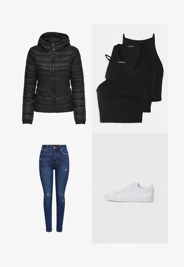 Black puffer jacket with a hood, featuring a quilted design and zipper closure. Soft, shiny fabric with elastic cuffs. Warm and lightweight.; Black cropped tops in soft, stretchy fabric with thin straps and a crisscross design. Features a rounded neckline and seamless finishing.; Dark blue skinny jeans with a faded texture, featuring ripped accents and traditional styling, including front pockets and a button closure.; White low-top Puma sneaker with lace-up front, subtle branding on side and sole, and smooth synthetic upper for casual wear.