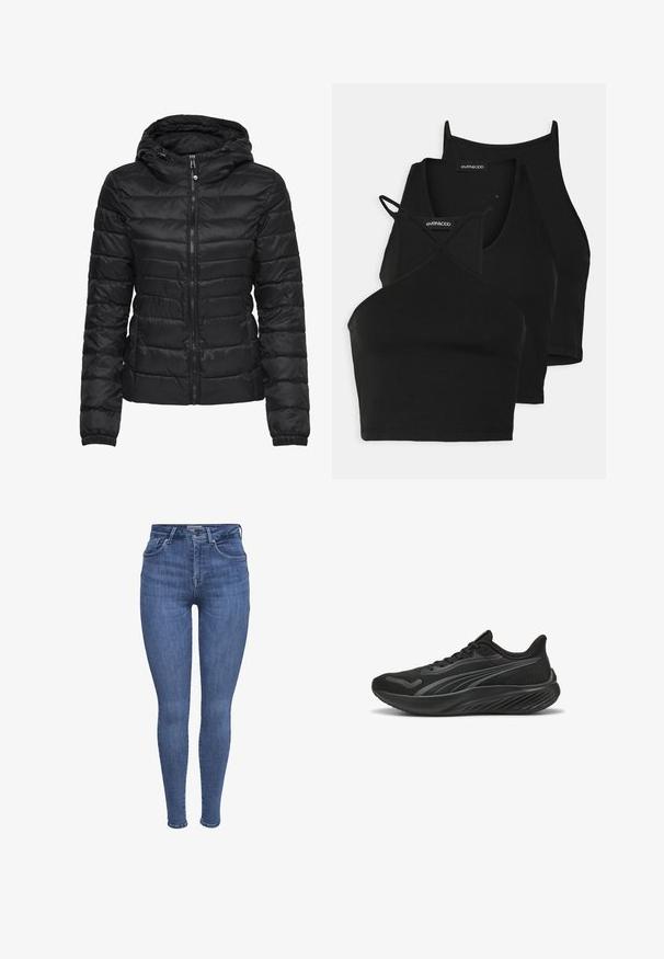 Mustat puffatakkia, jossa on huppu, ja siinä on tikattu muotoilu sekä vetoketjukiinnitys. Pehmeä, kiiltävä kangas, jossa on elastiset hihansuut. Lämmin ja kevyt.; Mustat lyhyet topit pehmeästä ja joustavasta kankaasta, jossa on ohuet hihnat ja ristikkäinen muotoilu. Ominaisuuksiin kuuluu pyöreä pääntie ja saumaton viimeistely.; Sininen korkeavyötäröinen kapea farkut, joissa on etutaskut, nappi-, vetoketjusuljenta ja vyölenkit, esitellään valkoista taustaa vasten.; Musta urheilusandaalit, joissa on verkkomateriaali, tekstuuripinta, litteät kengännauhat ja pehmustettu pohja, jossa on aaltoileva muotoilu pitoa ja mukavuutta varten.