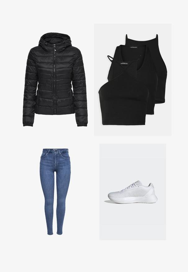 Giacca a vento nera con cappuccio, caratterizzata da un design trapuntato e chiusura con zip. Tessuto morbido e lucido con polsini elasticizzati. Calda e leggera.; Top corti neri in tessuto morbido e elasticizzato, con spalline sottili e design incrociato. Presentano un scollo rotondo e finiture senza cuciture.; Jeans skinny blu a vita alta con tasche frontali, chiusura con bottone e zip, e passanti per cintura, esposti su uno sfondo bianco.; adidas Performance DURAMO SL W - Scarpe da corsa su strada - cloud white/cloud white/grey five