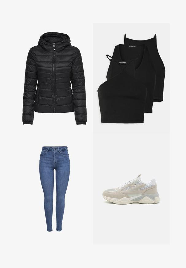 Schwarze Daunenjacke mit Kapuze, ausgestattet mit einem gesteppten Design und einem Reißverschluss. Weicher, glänzender Stoff mit elastischen Bündchen. Warm und leicht.; Schwarze, kurz geschnittene Tops aus weichem, dehnbarem Material mit dünnen Trägern und einem überkreuzten Design. Besitzt einen runden Ausschnitt und nahtlose Abschlüsse.; Blaue hochgeschnittene Skinny-Jeans mit frontalen Taschen, Knopf, Reißverschluss und Gürtelschlaufen, auf einem weißen Hintergrund präsentiert.; Beige und weiße Sneakers aus Wildleder und Mesh, mit einer dicken Sohle, Schnürdesign und einem Logo an der Seite.