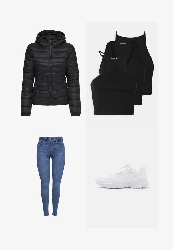 Czarna kurtka puchowa z kapturem, z pikowanym wzorem i zapięciem na zamek. Miękki, błyszczący materiał z elastycznymi mankietami. Ciepła i lekka.; Czarne krótkie topy z miękkiego, elastycznego materiału z cienkimi ramiączkami i krzyżującym się wzorem. Posiadają okrągły dekolt i bezszwowe wykończenie.; Niebieskie, dopasowane jeansy z wysokim stanem, z przednimi kieszeniami, zapięciem na guziki i suwak oraz szlufkami na pasek, wyeksponowane na białym tle.; Białe sportowe sneakersy z gładką skórzaną cholewą, okrągłym noskiem, grubą podeszwą i perforowanymi detalami po bokach.