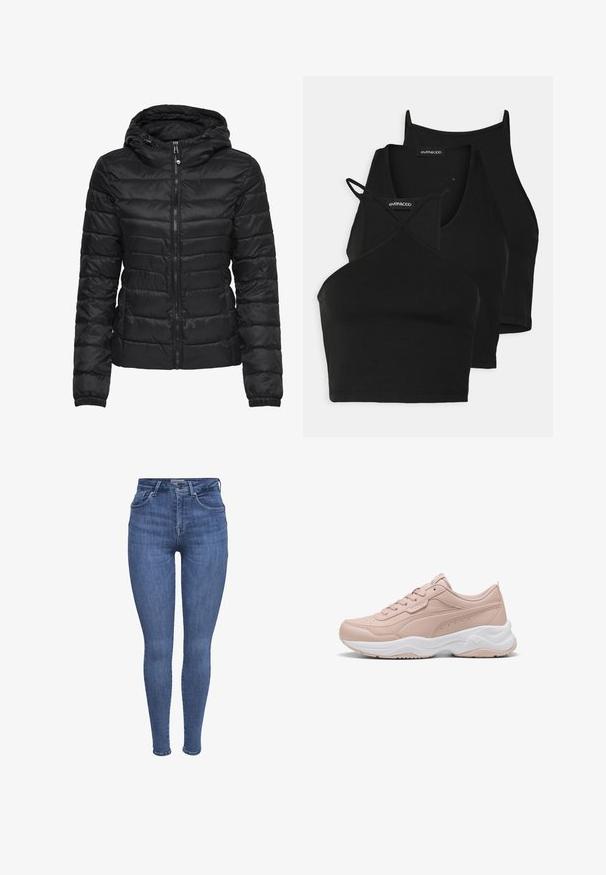 Chaqueta de plumas negra con capucha, con un diseño acolchado y cierre de cremallera. Tejido suave y brillante con puños elásticos. Cálida y ligera.; Top cortos negros en tela suave y elástica con tirantes delgados y diseño entrelazado. Presenta un escote redondeado y terminado sin costuras.; Jeans skinny de tiro alto en color azul, con bolsillos frontales, cierre de botón y cremallera, y pasadores para cinturón, exhibidos sobre un fondo blanco.; Zapatilla deportiva de color rosa claro, hecha de cuero sintético, con un collar acolchado, entresuela blanca y suela texturizada para un buen agarre.
