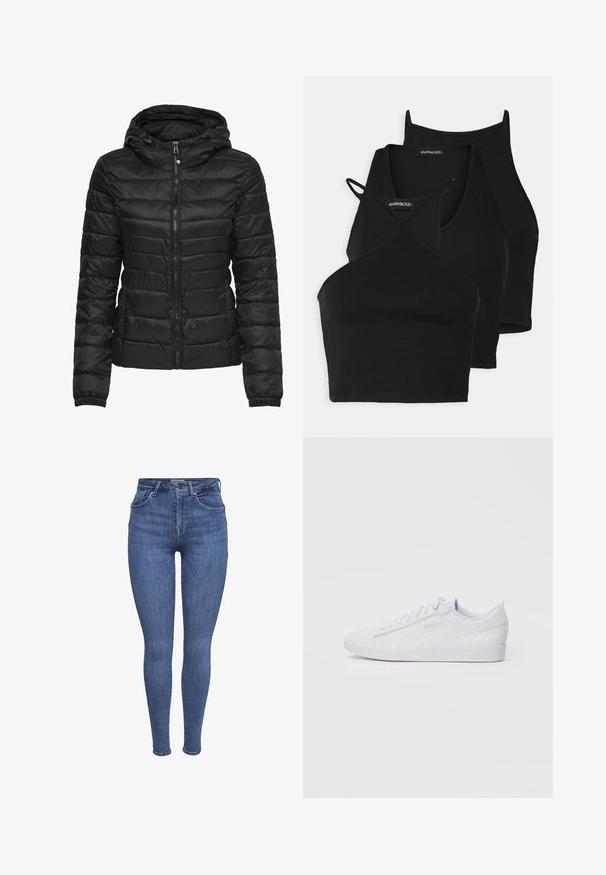 Svart dunjakke med hette, med quiltet design og glidelås. Mykt, blankt stoff med elastiske mansjetter. Varme og lett.; Svart avkortede topper i myk, elastisk stoff med tynne stropper og kryssdesign. Har en rund halsutskjæring og sømløs avslutning.; Blå høytlivede skinny jeans med frontlommer, knapp, glidelås og beltehemper, vist på en hvit bakgrunn.; Hvit lavtopps Puma-sneaker med snøring foran, subtil merkevare på siden og sålen, og glatt syntetisk overdel for hverdagsbruk.