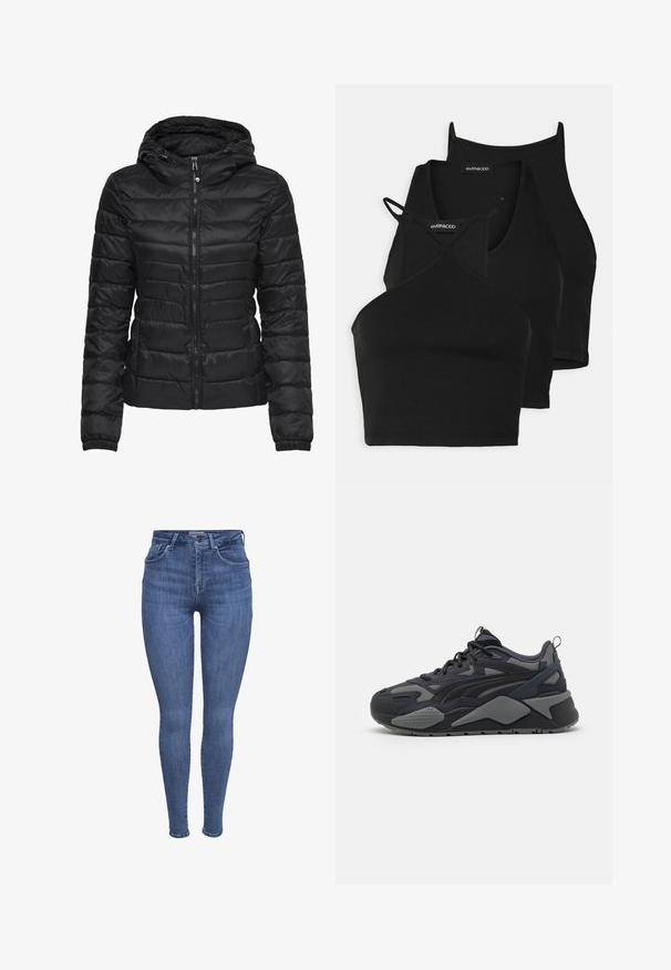 Melna pūka jaka ar kapuci, ar izšūtu dizainu un rāvējslēdzēju. Mīksta, spīdīga auduma ar elastīgām piedurknēm. Silta un viegla.; Melnas īsās blūzes no mīksta, stiepjama auduma ar plānām siksnām un krustveida dizainu. Iekļauj apaļu kakla izgriezumu un bezšuvju apdari.; Zilas augstās jostas vietas šaurās bikses ar priekšējām kabatām, pogu, rāvējslēdzēja aizdari un jostu cilpiņām, izliktas uz baltā fona.; Melni sporta apavi ar acu un tekstila augšdaļu, pelēkiem akcentiem, masīvu zoli un izteiksmīgām dizaina līnijām.