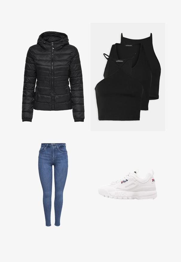 Mustat puffatakkia, jossa on huppu, ja siinä on tikattu muotoilu sekä vetoketjukiinnitys. Pehmeä, kiiltävä kangas, jossa on elastiset hihansuut. Lämmin ja kevyt.; Mustat lyhyet topit pehmeästä ja joustavasta kankaasta, jossa on ohuet hihnat ja ristikkäinen muotoilu. Ominaisuuksiin kuuluu pyöreä pääntie ja saumaton viimeistely.; Sininen korkeavyötäröinen kapea farkut, joissa on etutaskut, nappi-, vetoketjusuljenta ja vyölenkit, esitellään valkoista taustaa vasten.; Valkoinen urheilukenkä, jossa on pehmustettu kaulus, verkkokankainen ja keinonahkainen yläosa, logotieto punaisena ja laivastonsinisenä sekä paksu kumipohja.