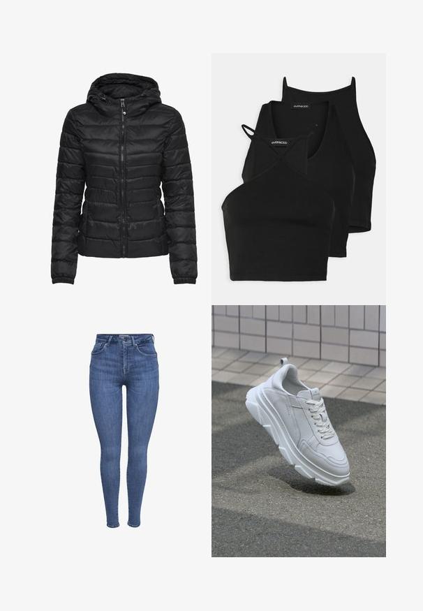Juodas pūkinis švarkas su gobtuvu, su siuvinėjimo dizainu ir užtrauktuko uždarymu. Minkšta, blizgi medžiaga su elastiniais rankogaliais. Šiltas ir lengvas.; Juodi trumpi topai iš minkštos, tamprios medžiagos su plonomis petnešėlėmis ir kryžminiu dizainu. Savybės: apvalus iškirpimas ir be siūlių apdaila.; Mėlyni aukšti, siauri džinsai su priekinėmis kišenėmis, mygtuku, užtrauktuku ir dirželių kilpomis, išdėstyti ant balto fono.; Balti odiniai sportbačiai su storu, tekstūruotu guminio pado, su šnerymų uždarymu ir siuvinėjimo detalėmis. Apvalus pirštas ir kulkšnių palaikymo dizainas.