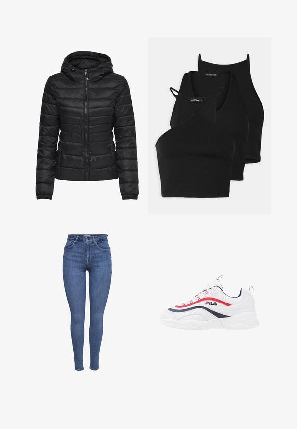 Chaqueta de plumas negra con capucha, con un diseño acolchado y cierre de cremallera. Tejido suave y brillante con puños elásticos. Cálida y ligera.; Top cortos negros en tela suave y elástica con tirantes delgados y diseño entrelazado. Presenta un escote redondeado y terminado sin costuras.; Jeans skinny de tiro alto en color azul, con bolsillos frontales, cierre de botón y cremallera, y pasadores para cinturón, exhibidos sobre un fondo blanco.; Zapatilla blanca con acentos en rojo y azul marino, que presenta una malla transpirable, suela acolchada y un diseño curvado. Sistema de cordones bicolor y detalles del logo.