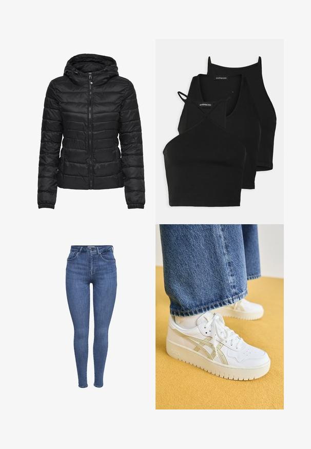 Čierna puffová bunda s kapucňou, s prešívaným dizajnom a zipsom. Mäkka, lesklá látka s elastickými manžetami. Teplá a ľahká.; Čierne skrátené tričká z mäkkého, elastického materiálu s tenkými ramienkami a prekríženým dizajnom. Obsahuje zaoblený výstrih a hladké zakončenie.; Modré úzke džínsy s vysokým pásom, prednými vreckami, zapínaním na gombík a zips, a pútkami na opasok, zobrazené na bielom pozadí.; Biele tenisky s jemne béžovými akcentmi, textúrovaná koža, ploché šnúrky a gumová podošva. Vytvorené v kombinácii s modrými džínsami voľného strihu.