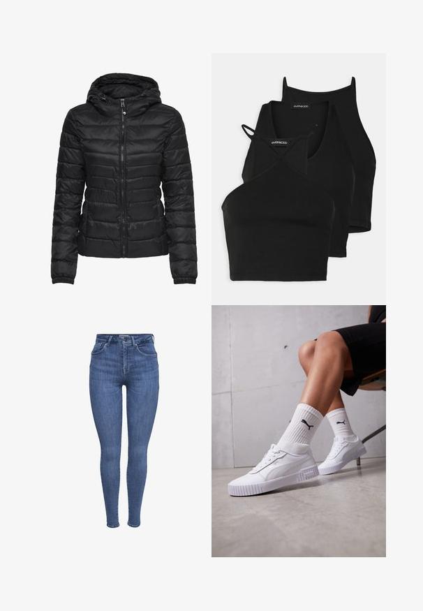 Schwarze Daunenjacke mit Kapuze, ausgestattet mit einem gesteppten Design und einem Reißverschluss. Weicher, glänzender Stoff mit elastischen Bündchen. Warm und leicht.; Schwarze, kurz geschnittene Tops aus weichem, dehnbarem Material mit dünnen Trägern und einem überkreuzten Design. Besitzt einen runden Ausschnitt und nahtlose Abschlüsse.; Blaue hochgeschnittene Skinny-Jeans mit frontalen Taschen, Knopf, Reißverschluss und Gürtelschlaufen, auf einem weißen Hintergrund präsentiert.; Weiße Sneaker mit einer glatten synthetischen Oberseite, strukturiertem Sohle und texturierten Akzenten. Getragen mit weißen gerippten Socken, die ein kleines Logo aufweisen.