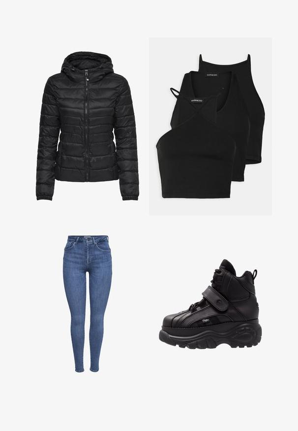 Fekete puffertakó kapucnival, steppelt mintával és cipzáras záródással. Puha, fényes anyag, elasztikus mandzsettákkal. Meleg és könnyű.; Fekete, rövidített felsők puha, ruganyos anyagból vékony pántokkal és keresztbe fonott kivágással. Lekerekített nyakkivágással és varrás nélküli kidolgozással rendelkezik.; Kék, magas derékú skinny farmernadrág elülső zsebekkel, gombos, cipzáras záródással és övhurkokkal, fehér háttér előtt.; Fekete magasított sportcipők vastag gumitalppal, bőrből készült felső résszel, fűzős és tépőzáras rögzítéssel, valamint textúrált oldalsó panelek részletezéssel.
