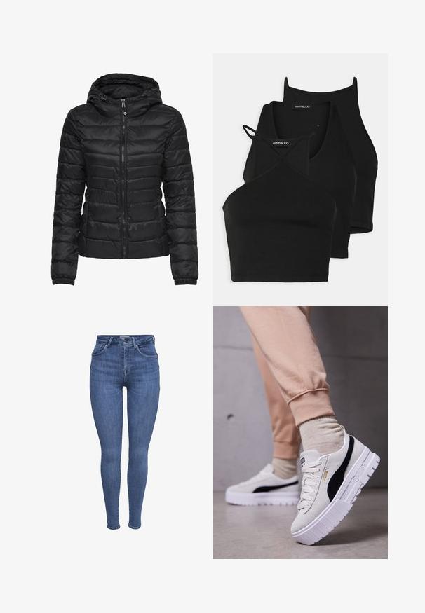 Schwarze Daunenjacke mit Kapuze, ausgestattet mit einem gesteppten Design und einem Reißverschluss. Weicher, glänzender Stoff mit elastischen Bündchen. Warm und leicht.; Schwarze, kurz geschnittene Tops aus weichem, dehnbarem Material mit dünnen Trägern und einem überkreuzten Design. Besitzt einen runden Ausschnitt und nahtlose Abschlüsse.; Blaue hochgeschnittene Skinny-Jeans mit frontalen Taschen, Knopf, Reißverschluss und Gürtelschlaufen, auf einem weißen Hintergrund präsentiert.; Weiße Wildledersneaker mit einem schwarzen Seitenstreifen und goldener Branding, ausgestattet mit einer dicken weißen Sohle und einer strukturierten Oberfläche. Kombiniert mit hellbeigen Jogginghosen.