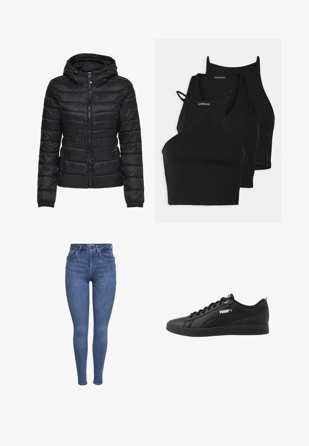 Giacca a vento nera con cappuccio, caratterizzata da un design trapuntato e chiusura con zip. Tessuto morbido e lucido con polsini elasticizzati. Calda e leggera.; Top corti neri in tessuto morbido e elasticizzato, con spalline sottili e design incrociato. Presentano un scollo rotondo e finiture senza cuciture.; Jeans skinny blu a vita alta con tasche frontali, chiusura con bottone e zip, e passanti per cintura, esposti su uno sfondo bianco.; Sneaker sportive nere realizzate in pelle sintetica liscia, con punta rotonda, design con lacci e accenti bianchi del logo sul lato e sulla linguetta.