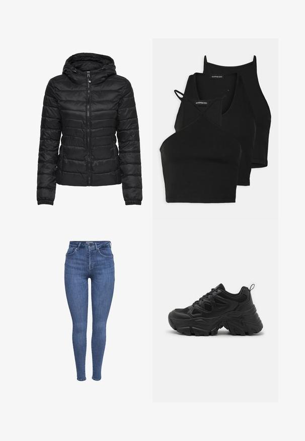 Black puffer jacket with a hood, featuring a quilted design and zipper closure. Soft, shiny fabric with elastic cuffs. Warm and lightweight.; Black cropped tops in soft, stretchy fabric with thin straps and a crisscross design. Features a rounded neckline and seamless finishing.; Blue high-waist skinny jeans with front pockets, button, zipper closure, and belt loops, displayed on a white background.; Black athletic shoes with a textured mesh upper, curved rubber sole, and prominent tread pattern. Features integrated lacing and pull tab.