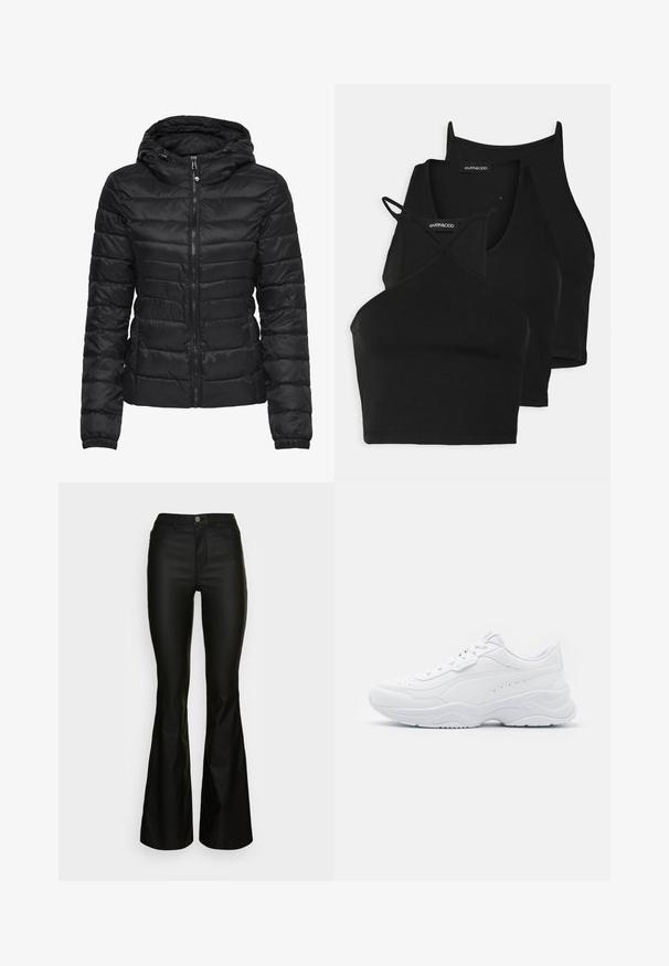 Svart dunjakke med hette, med quiltet design og glidelås. Mykt, blankt stoff med elastiske mansjetter. Varme og lett.; Svart avkortede topper i myk, elastisk stoff med tynne stropper og kryssdesign. Har en rund halsutskjæring og sømløs avslutning.; Svarte flared jeans med figursydd midje, glidelås og fem lommer. Laget av glatt denim med en polert finish og uten synlige mønstre.; Hvite joggesko med en glatt skinnoverdel, avrundet tå, tykk såle og perforerte detaljer langs sidene.