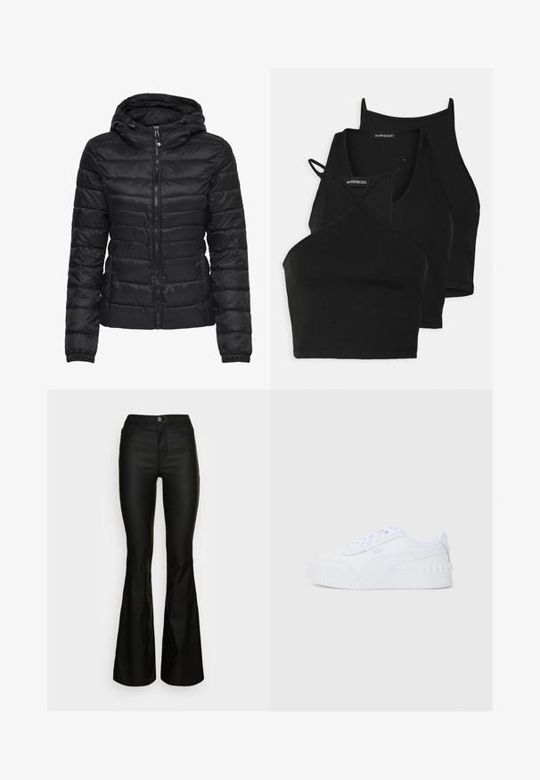 Doudoune noire avec capuche, présentant un design matelassé et une fermeture éclair. Tissu doux et brillant avec des poignets élastiques. Chaude et légère.; Des tops noirs courts en tissu doux et extensible avec des fines bretelles et un design croisé. Ils présentent un col arrondi et des finitions sans couture.; Jean noir évasé avec une taille ajustée, fermeture éclair et cinq poches. Fabriqué en denim lisse avec une finition polie et sans motifs visibles.; Baskets Puma blanches montantes avec fermeture à lacets, semelle en caoutchouc texturée et logo de la marque sur le côté et l'onglet arrière.