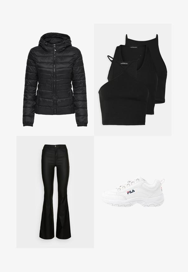 Schwarze Daunenjacke mit Kapuze, ausgestattet mit einem gesteppten Design und einem Reißverschluss. Weicher, glänzender Stoff mit elastischen Bündchen. Warm und leicht.; Schwarze, kurz geschnittene Tops aus weichem, dehnbarem Material mit dünnen Trägern und einem überkreuzten Design. Besitzt einen runden Ausschnitt und nahtlose Abschlüsse.; Schwarze Schlagjeans mit tailliertem Bund, Reißverschluss und fünf Taschen. Aus glattem Denim mit glänzender Oberfläche und ohne sichtbare Muster.; Weiße Sport Sneakers mit einem glatten Lederobermaterial, ausgestattet mit einer strukturierten Gummisohle, metallischen Ösen und einem kontrastierenden Logo an der Seite.