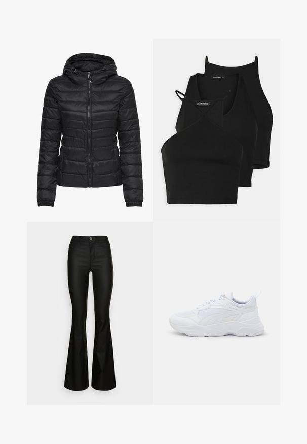 Schwarze Daunenjacke mit Kapuze, ausgestattet mit einem gesteppten Design und einem Reißverschluss. Weicher, glänzender Stoff mit elastischen Bündchen. Warm und leicht.; Schwarze, kurz geschnittene Tops aus weichem, dehnbarem Material mit dünnen Trägern und einem überkreuzten Design. Besitzt einen runden Ausschnitt und nahtlose Abschlüsse.; Schwarze Schlagjeans mit tailliertem Bund, Reißverschluss und fünf Taschen. Aus glattem Denim mit glänzender Oberfläche und ohne sichtbare Muster.; Weißer Sport sneaker mit einem Obermaterial aus Mesh, strukturierten Überzügen, gepolstertem Kragen, dicker Gummisohle und einer Zuglasche an der Ferse für einfaches An- und Ausziehen.