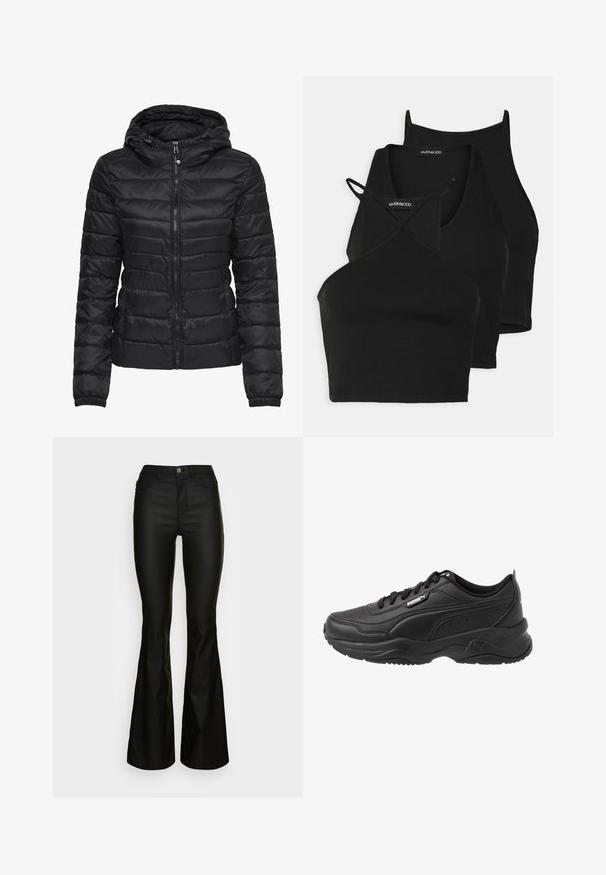Fekete puffertakó kapucnival, steppelt mintával és cipzáras záródással. Puha, fényes anyag, elasztikus mandzsettákkal. Meleg és könnyű.; Fekete, rövidített felsők puha, ruganyos anyagból vékony pántokkal és keresztbe fonott kivágással. Lekerekített nyakkivágással és varrás nélküli kidolgozással rendelkezik.; Fekete trapéz farmernadrág, illeszkedő derékkal, cipzáras záródással és öt zsebbel. Sima denim anyagból készült, fényes felülettel, látható minták nélkül.; Fekete sportcipők sima bőrből, párnázott nyakkal, kerek orral, fűzős kivitelben, és Puma logóval az oldalon.