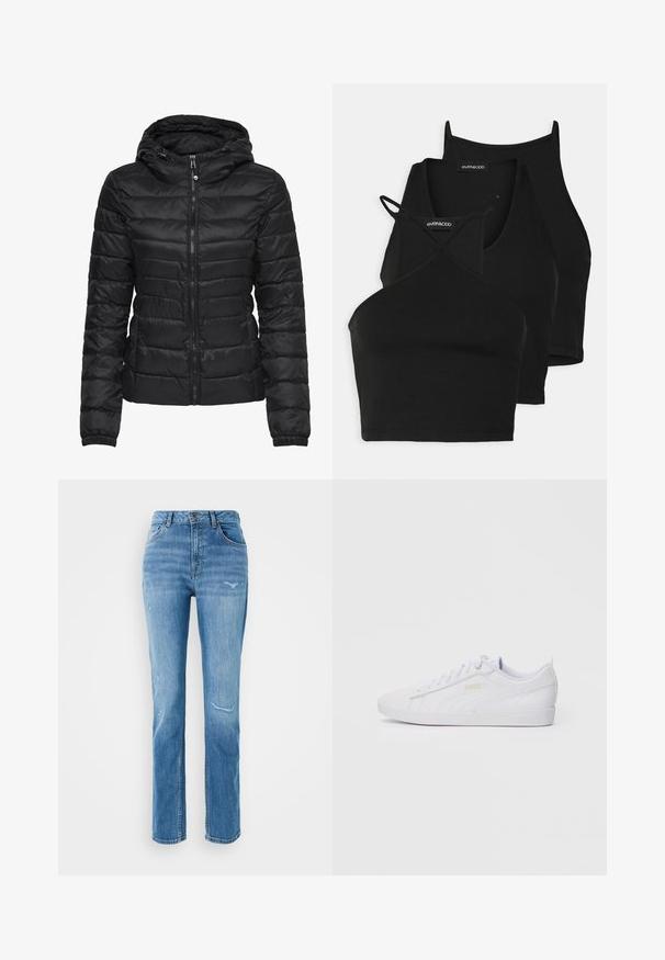 Melna pūka jaka ar kapuci, ar izšūtu dizainu un rāvējslēdzēju. Mīksta, spīdīga auduma ar elastīgām piedurknēm. Silta un viegla.; Melnas īsās blūzes no mīksta, stiepjama auduma ar plānām siksnām un krustveida dizainu. Iekļauj apaļu kakla izgriezumu un bezšuvju apdari.; Gaiszi zili, augsto jostasvītru džinsi ar taisnu kāju, kuriem ir izbalējusi apdare un saplēsti elementi priekšpusē un aizmugurē.; Baltās zemas Puma kedas ar šņorēšanu priekšpusē, diskrēta zīmola simbolika uz sāniem un zoles, kā arī gluda sintētiska virsma ikdienas valkāšanai.