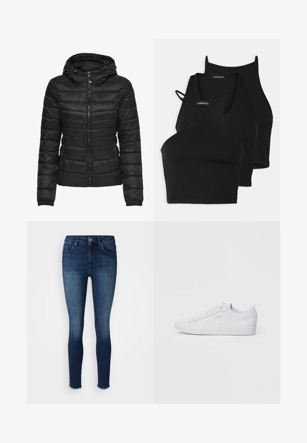 Fekete puffertakó kapucnival, steppelt mintával és cipzáras záródással. Puha, fényes anyag, elasztikus mandzsettákkal. Meleg és könnyű.; Fekete, rövidített felsők puha, ruganyos anyagból vékony pántokkal és keresztbe fonott kivágással. Lekerekített nyakkivágással és varrás nélküli kidolgozással rendelkezik.; Sötétkék, skinny farmernadrág, elhalványodott elülső résszel, öt zsebes kialakítással és nyers szegéllyel a bokánál.; Fehér, alacsony szárú Puma sneaker, fűzős elülső résszel, diszkrét logóval az oldalon és a talpon, sima szintetikus felsőrésszel, amely laza viselethez készült.