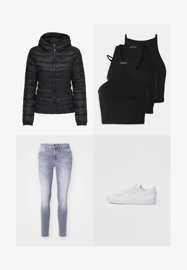 Casaco puffer preto com capuz, apresentando um design acolchoado e fecho de correr. Tecido macio e brilhante com punhos elásticos. Quente e leve.; Top cropped preto em tecido macio e elástico, com alças finas e um design cruzado. Apresenta um decote arredondado e acabamento sem costuras.; Jeans skinny em denim azul claro, com um efeito desgastado, cinco bolsos e uma bainha desfiada. Detalhes de costura sutis por toda a peça.; Sapatilha baixa branquíssima da Puma com atacadores na parte da frente, uma discreta marcação na lateral e na sola, e um cabedal liso em sintético para uso casual.