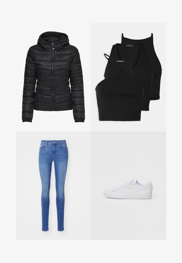 Casaco puffer preto com capuz, apresentando um design acolchoado e fecho de correr. Tecido macio e brilhante com punhos elásticos. Quente e leve.; Top cropped preto em tecido macio e elástico, com alças finas e um design cruzado. Apresenta um decote arredondado e acabamento sem costuras.; Calças skinny em denim azul médio, com uma cintura alta, design de cinco bolsos e um leve desbotado nas coxas para um aspecto usado.; Sapatilha baixa branquíssima da Puma com atacadores na parte da frente, uma discreta marcação na lateral e na sola, e um cabedal liso em sintético para uso casual.