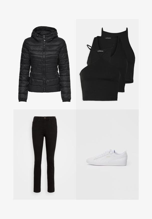 Casaco puffer preto com capuz, apresentando um design acolchoado e fecho de correr. Tecido macio e brilhante com punhos elásticos. Quente e leve.; Top cropped preto em tecido macio e elástico, com alças finas e um design cruzado. Apresenta um decote arredondado e acabamento sem costuras.; Jeans de ganga pretos com um design slim-fit, estilo de cinco bolsos e um único botão castanho na cintura. Textura suave, perna reta.; Sapatilha baixa branquíssima da Puma com atacadores na parte da frente, uma discreta marcação na lateral e na sola, e um cabedal liso em sintético para uso casual.