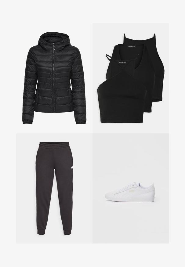 Μαύρο μπουφάν με κουκούλα, με σχέδιο καπιτονέ και κλείσιμο με φερμουάρ. Μαλακό, γυαλιστερό ύφασμα με ελαστικές μανσέτες. Ζεστό και ελαφρύ.; Μαύρα κοντά τοπ από μαλακό, ελαστικό ύφασμα με λεπτές τιράντες και σχέδιο σταυροειδούς. Διαθέτει στρογγυλή λαιμόκοψη και αόρατες ραφές.; Μαύρες φόρμες με ελαστική μέση, φαρδιά μανίκια και λευκές ρίγες στο πλάι. Κατασκευασμένες από μαλακό ύφασμα, με μικρό λογότυπο στο μηρό.; Λευκά χαμηλά πάνινα παπούτσια Puma με κορδόνια, διακριτική σήμανση στο πλάι και στη σόλα, και λεία συνθετική επιφάνεια για καθημερινές εμφανίσεις.