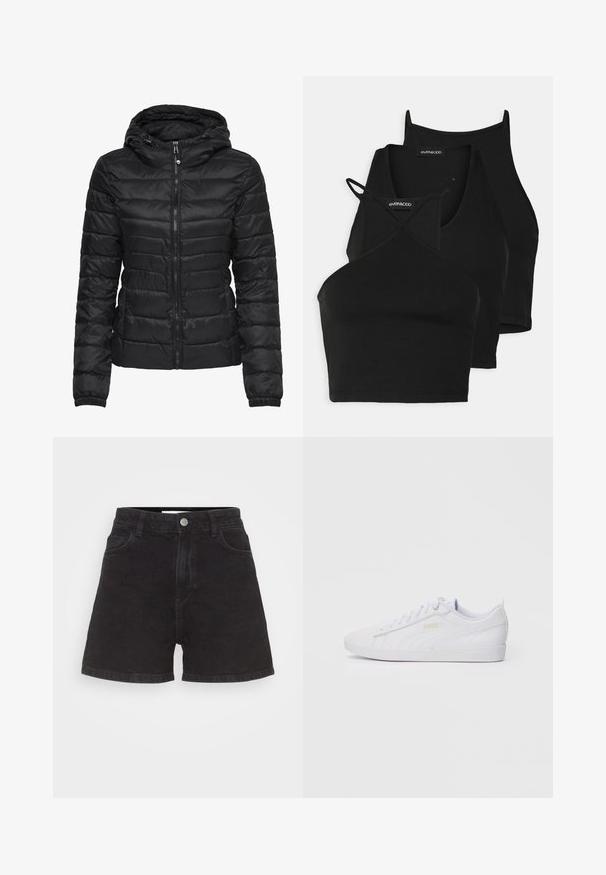 Casaco puffer preto com capuz, apresentando um design acolchoado e fecho de correr. Tecido macio e brilhante com punhos elásticos. Quente e leve.; Top cropped preto em tecido macio e elástico, com alças finas e um design cruzado. Apresenta um decote arredondado e acabamento sem costuras.; Calções de ganga pretos com cintura alta, cinco bolsos e fecho de botão na frente. Apresenta um design limpo e sem adornos.; Sapatilha baixa branquíssima da Puma com atacadores na parte da frente, uma discreta marcação na lateral e na sola, e um cabedal liso em sintético para uso casual.