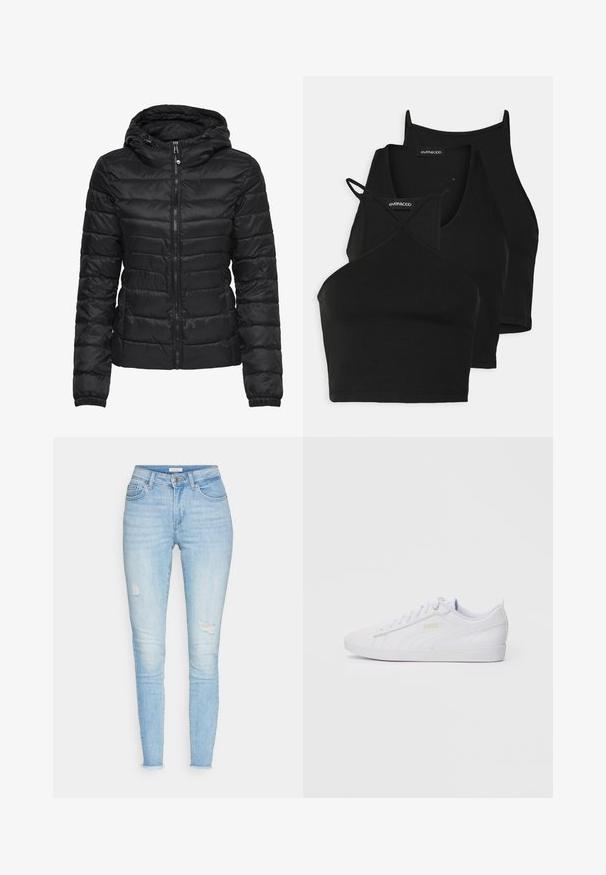 Jachetă puffer neagră cu glugă, cu un design matlasat și închidere cu fermoar. Material moale și lucios, cu manșete elastice. Călduroasă și ușoară.; Topuri negre scurte dintr-un material moale și elastic, cu bretele subțiri și un design în cruce. Prezintă un decolteu rotund și finisaj fără cusături.; Jeans skinny de culoare bleu deschis, confecționați din denim, cu talie înaltă, detalii distruse la genunchi și tiv desfăcut. Design clasic cu cinci buzunare.; Adidași Puma albi, cu vârf jos, cu șireturi în față, branding subtil pe lateral și pe talpă, și un material sintetic neted, ideali pentru purtarea de zi cu zi.